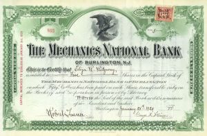 Mechanics National Bank of Burlington, N. J. - 1920's dated New Jersey Banking Stock Certificate
