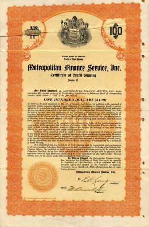 Metropolitan Finance Service, Inc. - $100 Bond