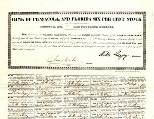 Bank of Pensacola, and Florida Six Percent. Stock - $1,000 Bond