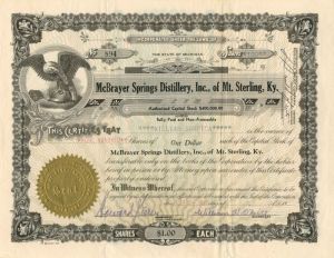 McBrayer Springs Distillery, Inc., of Mt. Sterling, Ky. - Stock Certificate