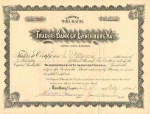 Traders Bank of Lynchburg, VA. - Stock Certificate