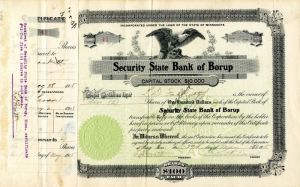 Security State Bank of Borup - Stock Certificate