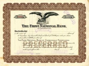 First National Bank of Carbondale, PA. - Stock Certificate