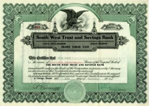 South West Trust and Savings Bank - Stock Certificate