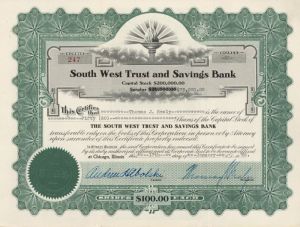 South West Trust and Savings Bank- Stock Certificate