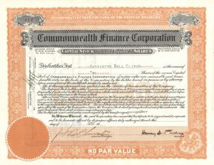 Commonwealth Finance Corp. - Stock Certificate