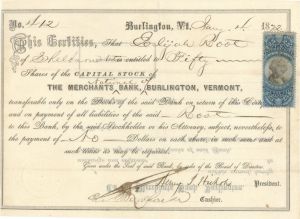 Merchants Bank, Burlington, Vermont - 1872 Banking Stock Certificate