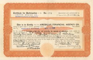 American Financial Agency Co. - 1909 dated Banking Stock Certificate