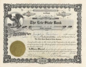 Erie State Bank - 1931 dated Stock Certificate