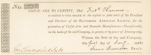 Baltimore Athaenian Society - Stock Certificate