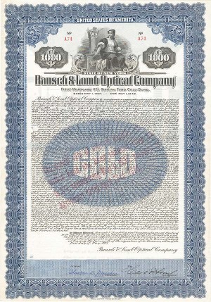 Carl Lomb - Bausch and Lomb Optical Co $1,000 Uncanceled Gold Bond signed by Carl Lomb (Uncanceled)