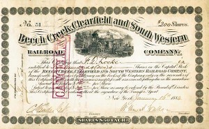 Cornelius Vanderbilt - Beech Creek, Clearfield and South Western Railroad - Stock Certificate