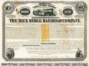 Blue Ridge Railroad $1,000 Bond signed by Henry Clews - with Imprinted Revenue