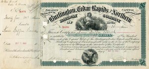 Bernard Baruch - Burlington Cedar Rapids and Northern Railway - Stock Certificate