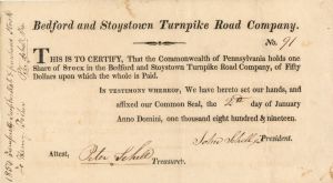 Bedford and Stoystown Turnpike Road Co - Stock Certificate
