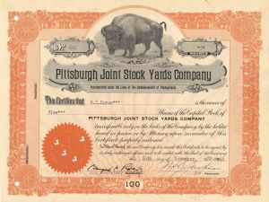 Gorgeous Buffalo Vignette - Pittsburgh Joint Stock Yards Co. - 1946 dated Stockyard Stock Certificate