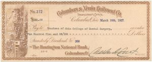 Columbus and Xenia Railroad - 1915-1920's dated Copper Colored Check - Great History!