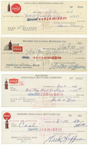 Four Coca-Cola Bottling Co. (Coke) Checks - 1940's-60's dated Set of 4 Checks - Soda related Americana
