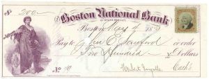 Boston National Bank - 1870's dated Check with Revenue Stamp