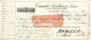 Canada Southern Line Check dated 1886 - Railroad Check - Canada Southern Railway