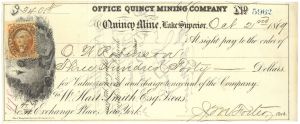 Office of Quincy Mining Co. - 1860's dated Check - Quincy Mine, Lake Superior, Michigan