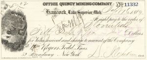Office of Quincy Mining Co. - 1880's dated Check - Quincy Mine, Lake Superior, Michigan
