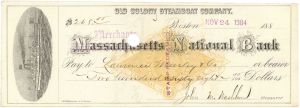 Massachusetts/Merchants National Bank Check for Old Colony Steamboat Company - 1880's dated Shipping Check - Americana