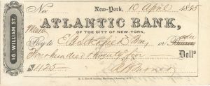 Atlantic Bank, of the City of New York - 1855 dated Check