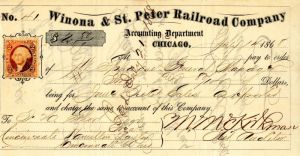 Winona and St. Peter Railroad Co. - Railroad Check with Revenue