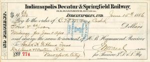 Indianapolis Decatur and Springfield Railway  - Railroad Check