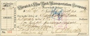 Norwich and New York Transportation Co. - Railroad Check