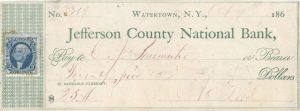 Jefferson County National Bank Check with Revenue Stamp dated 1869 - New York Check