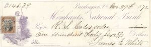 Merchants National Bank Check with Revenue Stamp dated 1872 - Burlington, Vermont Check