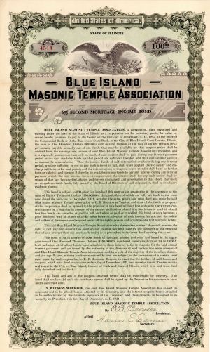 Blue Island Masonic Temple Association - $100 Bond