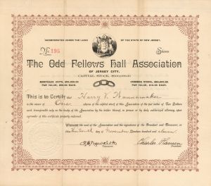 Odd Fellows Hall Association of Jersey City - Stock Certificate