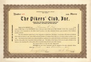 Pikers' Club, Inc. - Stock Certificate