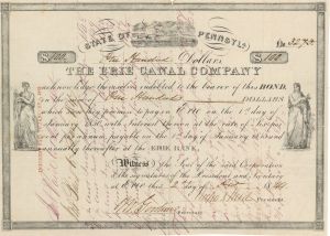 Erie Canal Co. - 1844 dated Pennsylvania Stock Certificate