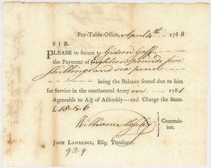 Revolutionary War Payment Order dated 1780's for Service in the Continental Army - Connecticut - American Revolution