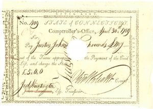 1789 dated Payment Order signed by Oliver Wolcott, Jr. & Jedediah Huntington - American Revolutionary War