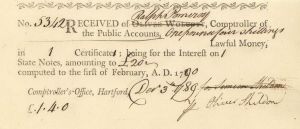 1790 dated Receipt of Lawful Money from Ralph Pomeroy - Connecticut - American Revolutionary War