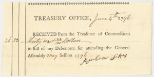 1790's Receipt from Treasurer of Connecticut - Connecticut - American Revolutionary War