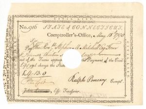 Pay Order signed by Peter Colt and Ralph Pomeroy - Connecticut Revolutionary War Bonds