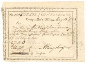 Pay Order Signed by Andrew Kingsbury and Peter Colt - Connecticut Revolutionary War Bonds