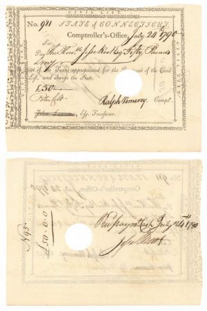 Pay Order Issued to Jesse Root and signed by him and Peter Colt and Ralph Pomeroy - Connecticut Revolutionary War Bonds