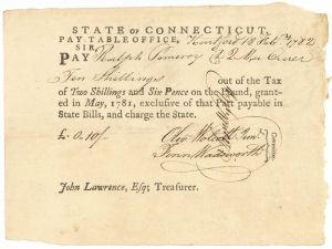 Pay Order Signed by Jedediah Huntington and Oliver Wolcott Jr. - Connecticut - Revolutionary War - Americana