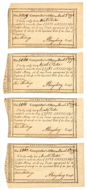 1792 Reconstructed Sheet of 4 War Receipts - Connecticut Revolutionary War Bonds, etc.