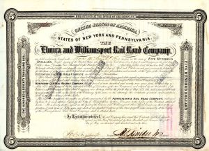 Elmira and Williamsport Rail Road Co. - $500 Railroad Bond