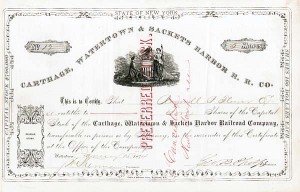 Carthage, Watertown & Sackets Harbor Railroad - Railway Stock Certificate