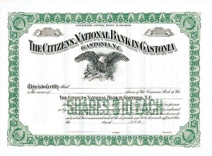 Citizens National Bank in Gastonia - Stock Certificate