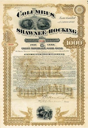 Columbus, Shawnee and Hocking Railway - Bond (Uncanceled)